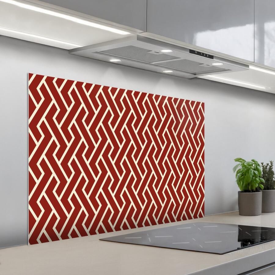 KitchenYeah Spatscherm 100x65 cm Zelfklevende achterwand Rood Beige Patroon Lijnen Keuken muurbeschermer Spatwand fornuis