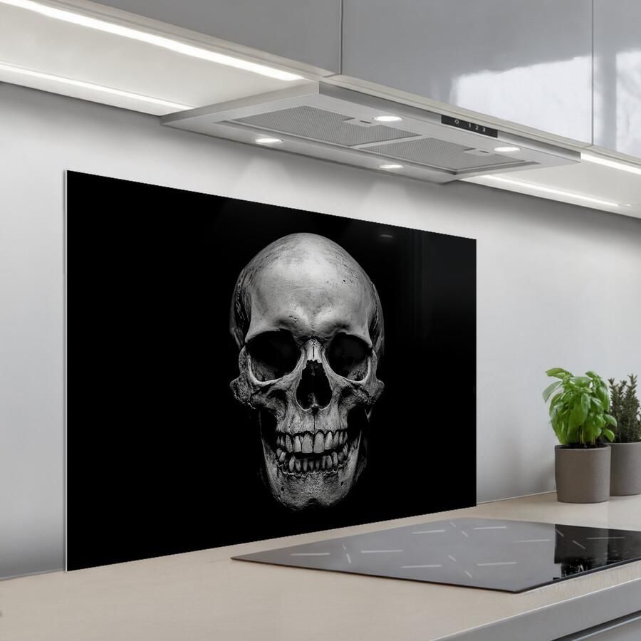 KitchenYeah Spatscherm 100x65 cm Zelfklevende achterwand Schedel Zwart Doodshoofd Wit Keuken muurbeschermer Spatwand fornuis
