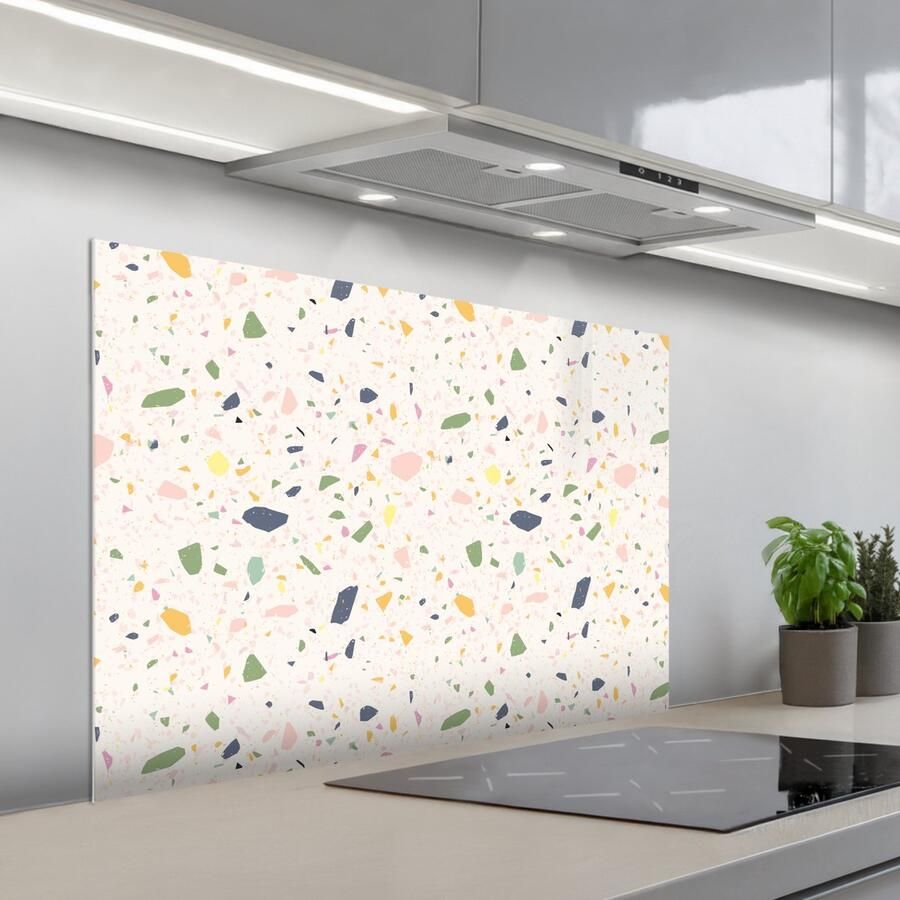 KitchenYeah Spatscherm 100x65 cm Zelfklevende achterwand Terrazzo Patroon Kleurrijk Festival Keuken muurbeschermer Spatwand fornuis