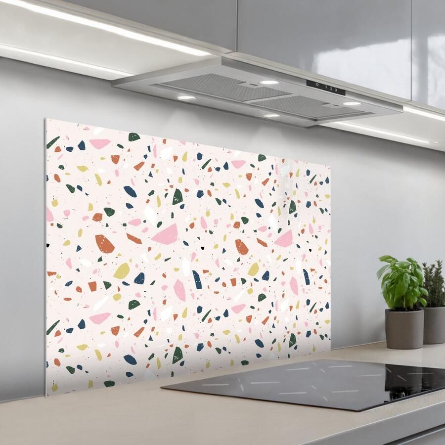 KitchenYeah Spatscherm 100x65 cm Zelfklevende achterwand Terrazzo Patroon Kleurrijk Keuken muurbeschermer Spatwand fornuis