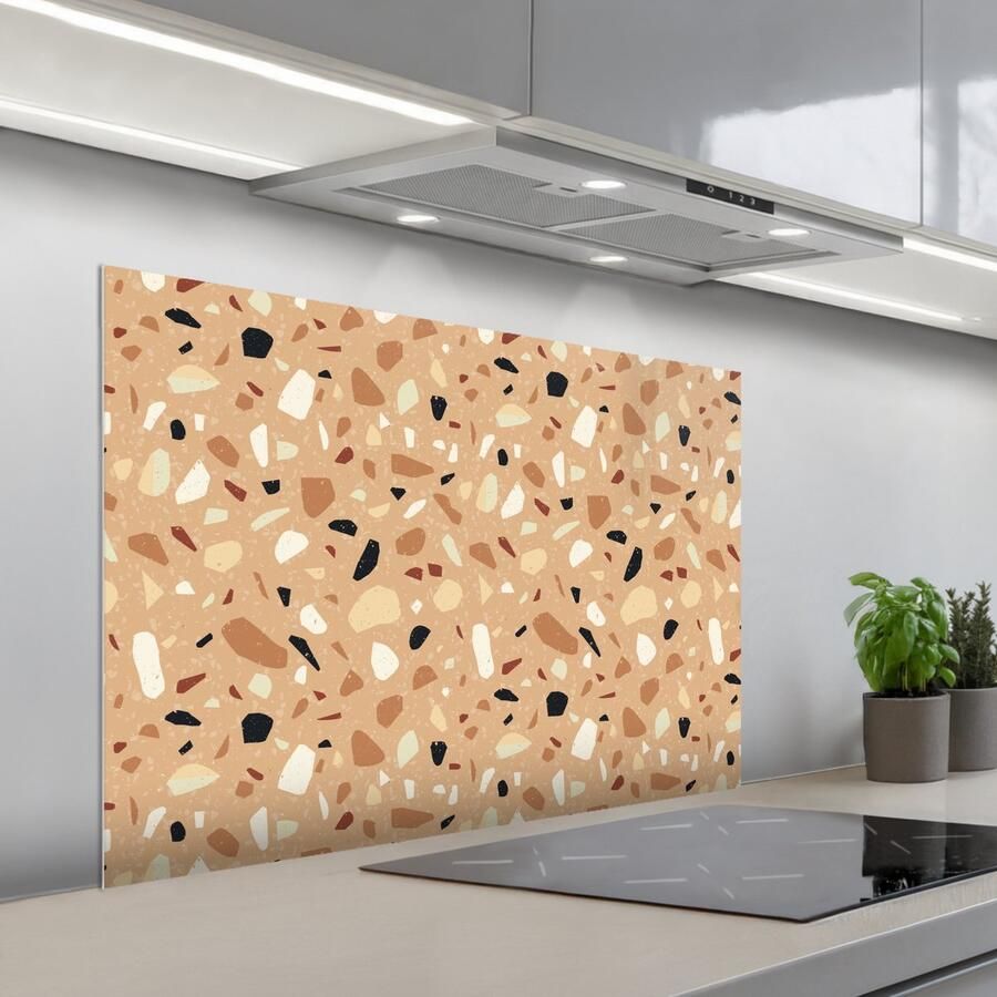 KitchenYeah Spatscherm 100x65 cm Zelfklevende achterwand Terrazzo Patroon Kleurrijk Oranje Keuken muurbeschermer Spatwand fornuis
