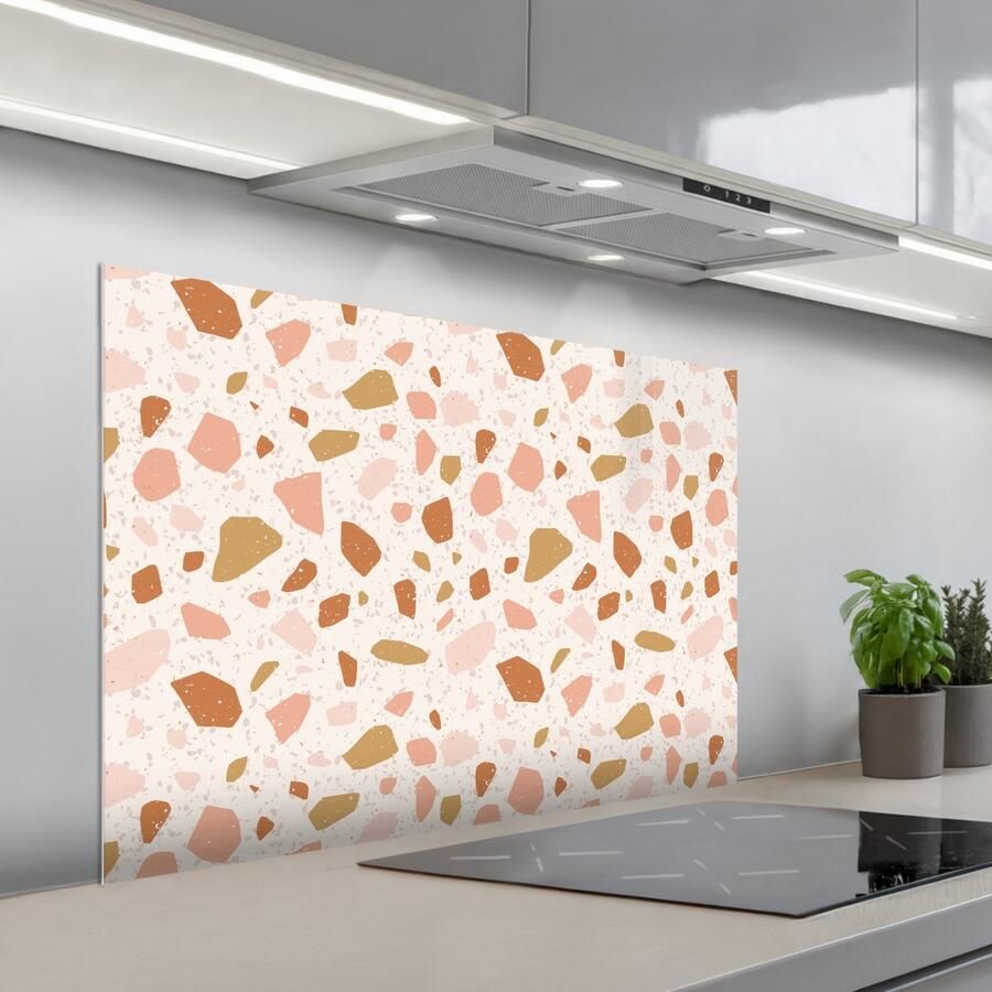 KitchenYeah Spatscherm 100x65 cm Zelfklevende achterwand Terrazzo Patroon Kleurrijk Zalm Keuken muurbeschermer Spatwand fornuis