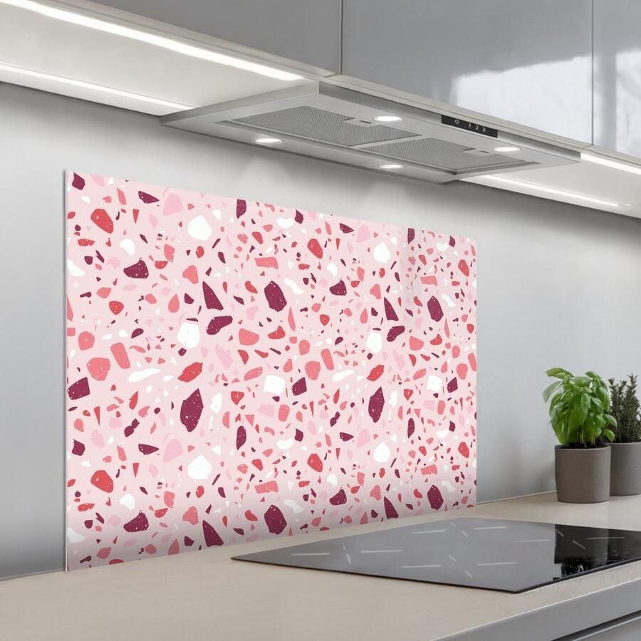 KitchenYeah Spatscherm 100x65 cm Zelfklevende achterwand Terrazzo Patroon Roze Keuken muurbeschermer Spatwand fornuis