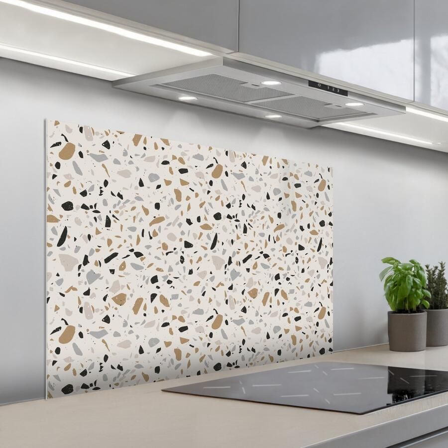 KitchenYeah Spatscherm 100x65 cm Zelfklevende achterwand Terrazzo Patroon Staal Keuken muurbeschermer Spatwand fornuis