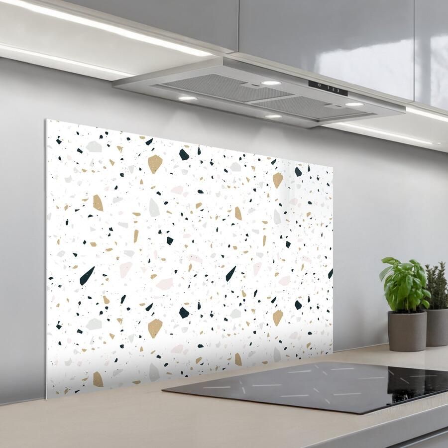 KitchenYeah Spatscherm 100x65 cm Zelfklevende achterwand Terrazzo Patroon Wit Neutraal Keuken muurbeschermer Spatwand fornuis