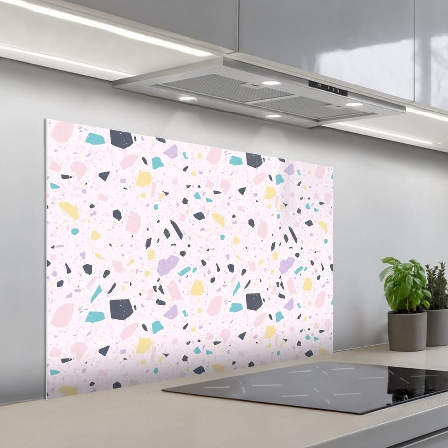 KitchenYeah Spatscherm 100x65 cm Zelfklevende achterwand Terrazzo Patroon Zacht Snoep Keuken muurbeschermer Spatwand fornuis