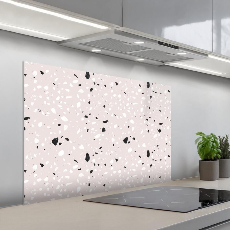 KitchenYeah Spatscherm 100x65 cm Zelfklevende achterwand Terrazzo Patroon Zacht Zwart Wit Keuken muurbeschermer Spatwand fornuis