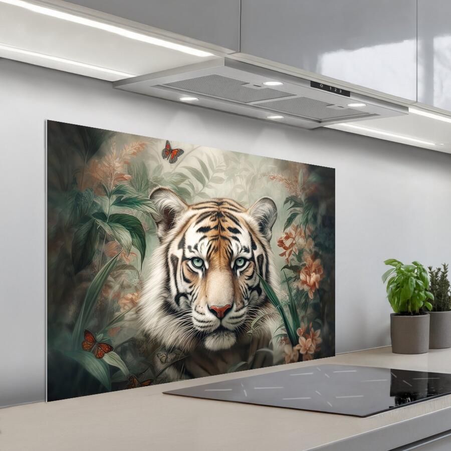 KitchenYeah Spatscherm 100x65 cm Zelfklevende achterwand Tijger Vlinders Dieren Jungle Bloemen Keuken muurbeschermer Spatwand fornuis - Foto 1