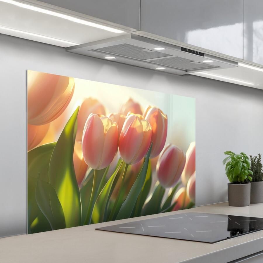 KitchenYeah Spatscherm 100x65 cm Zelfklevende achterwand Tulpen Roze Zonnestralen Keuken muurbeschermer Spatwand fornuis - Foto 1