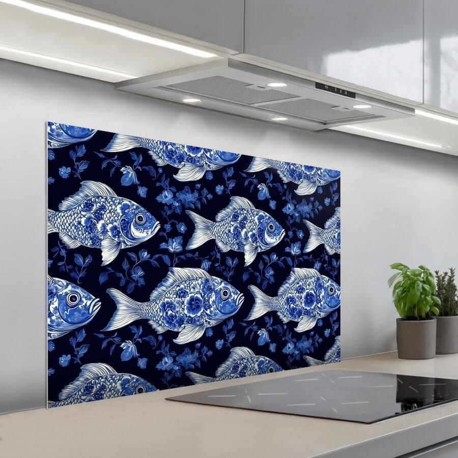 KitchenYeah Spatscherm 100x65 cm Zelfklevende achterwand Vissen Bloemen Blauw Keuken muurbeschermer Spatwand fornuis