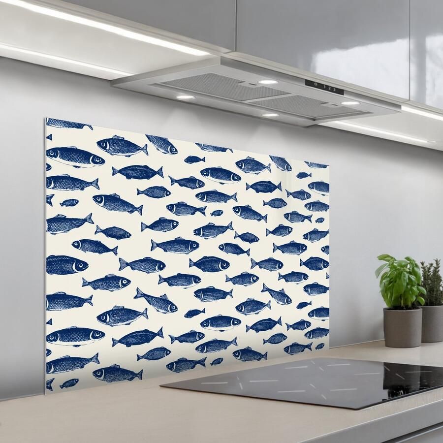 KitchenYeah Spatscherm 100x65 cm Zelfklevende achterwand Vissen Patroon Blauw Wit Keuken muurbeschermer Spatwand fornuis