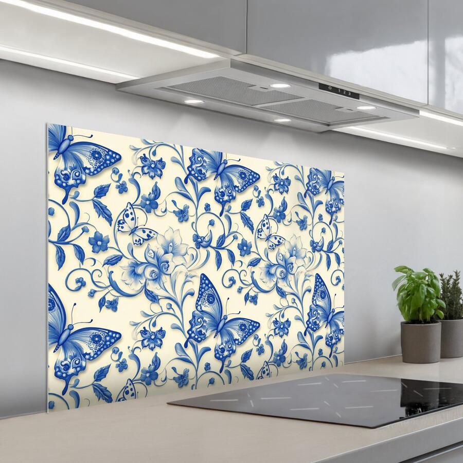 KitchenYeah Spatscherm 100x65 cm Zelfklevende achterwand Vlinders Bloemen Blauw Botanisch Keuken muurbeschermer Spatwand fornuis