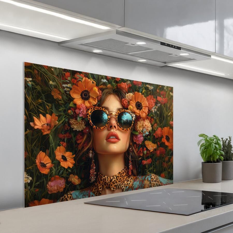 KitchenYeah Spatscherm 100x65 cm Zelfklevende achterwand Vrouwen Bloemen Modern Bril Abstract Keuken muurbeschermer Spatwand fornuis