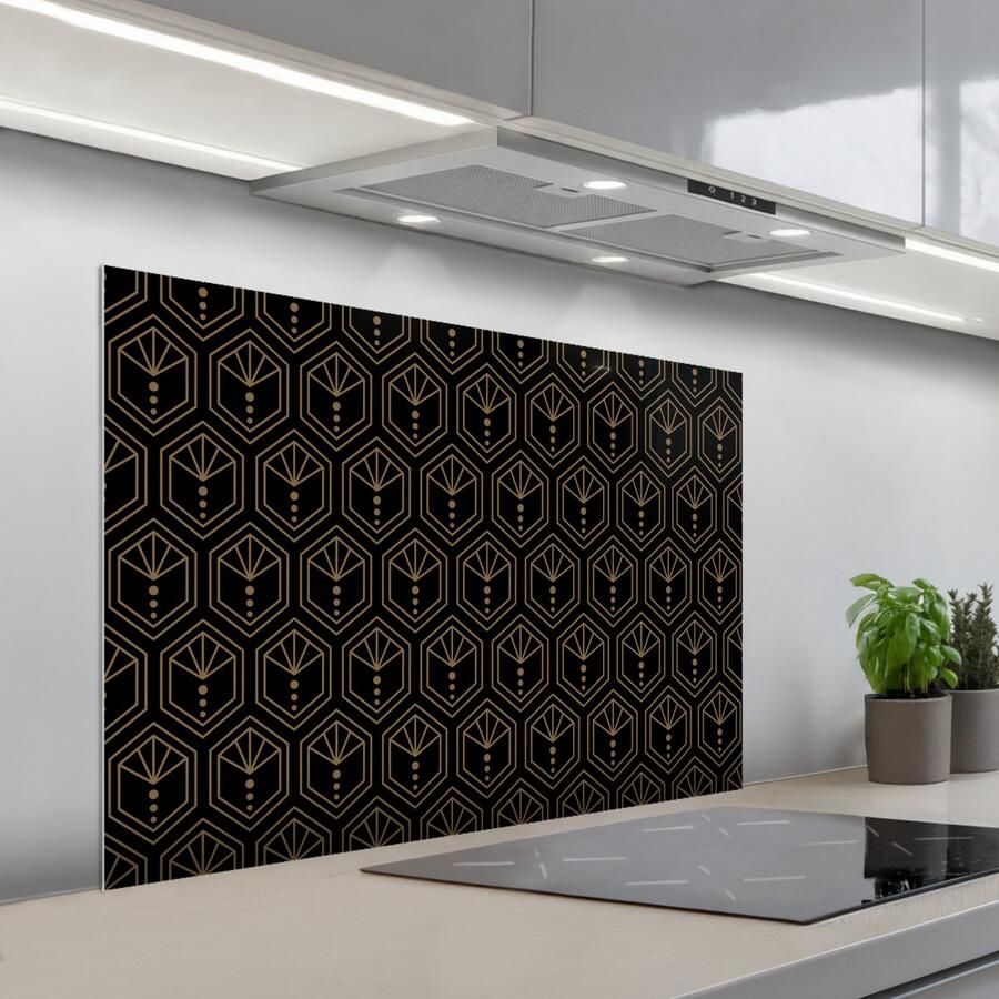 KitchenYeah Spatscherm 100x65 cm Zelfklevende achterwand Zonnestraal Zwart Goud Stippen Keuken muurbeschermer Spatwand fornuis