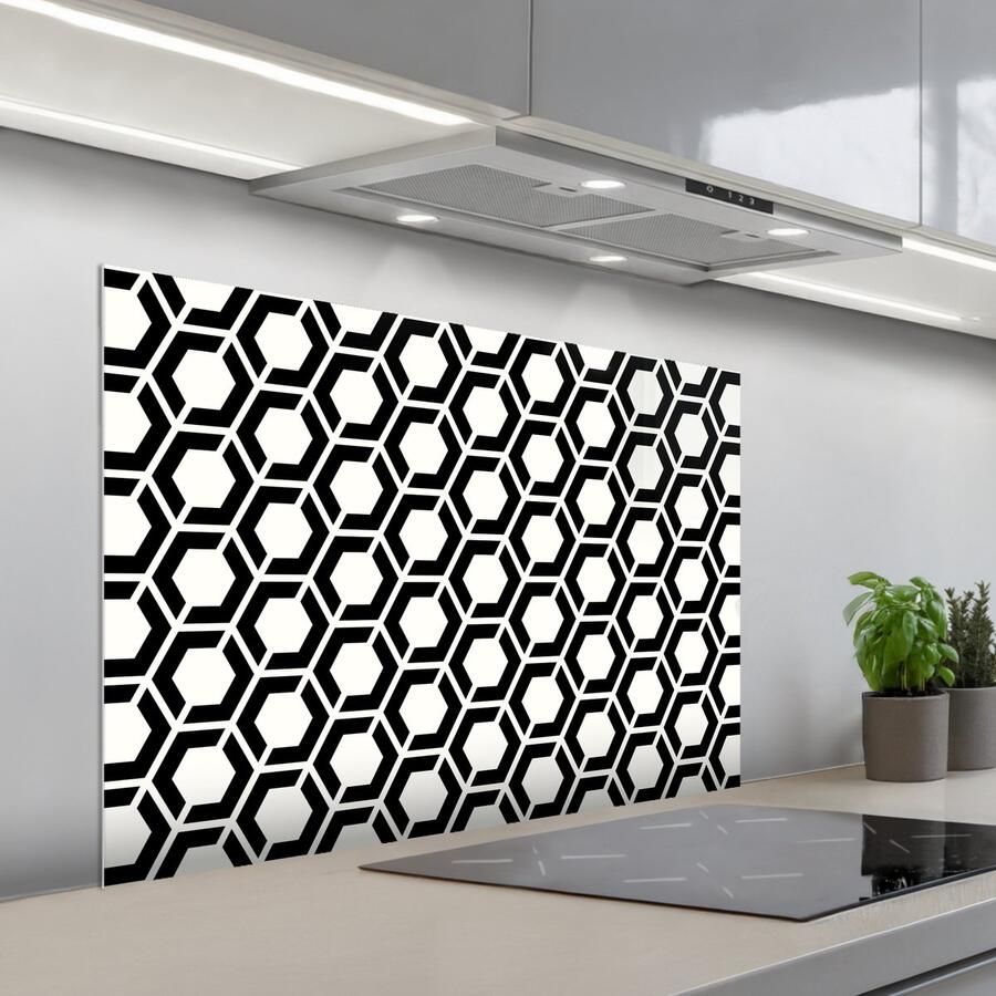 KitchenYeah Spatscherm 100x65 cm Zelfklevende achterwand Zwart Wit Geometrisch Patroon Keuken muurbeschermer Spatwand fornuis