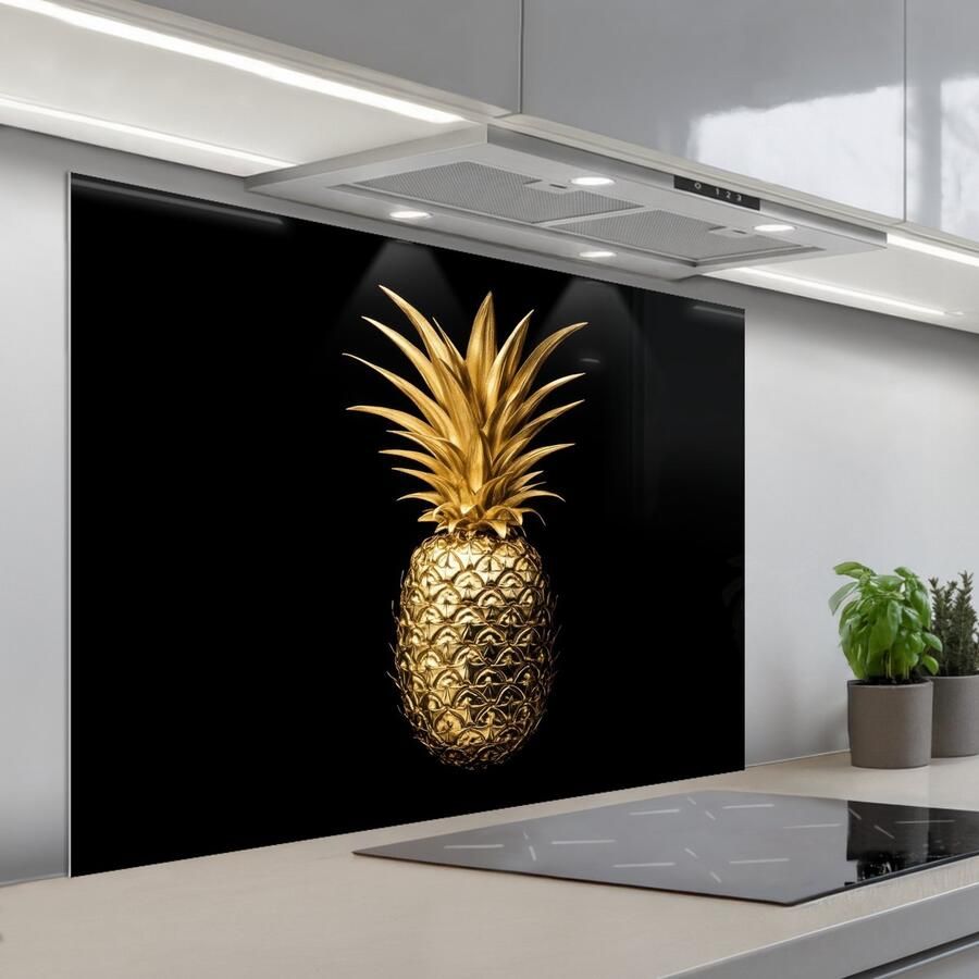 KitchenYeah Spatscherm 100x75 cm Zelfklevende achterwand Ananas Zwart Goud Luxe Keuken muurbeschermer Spatwand fornuis