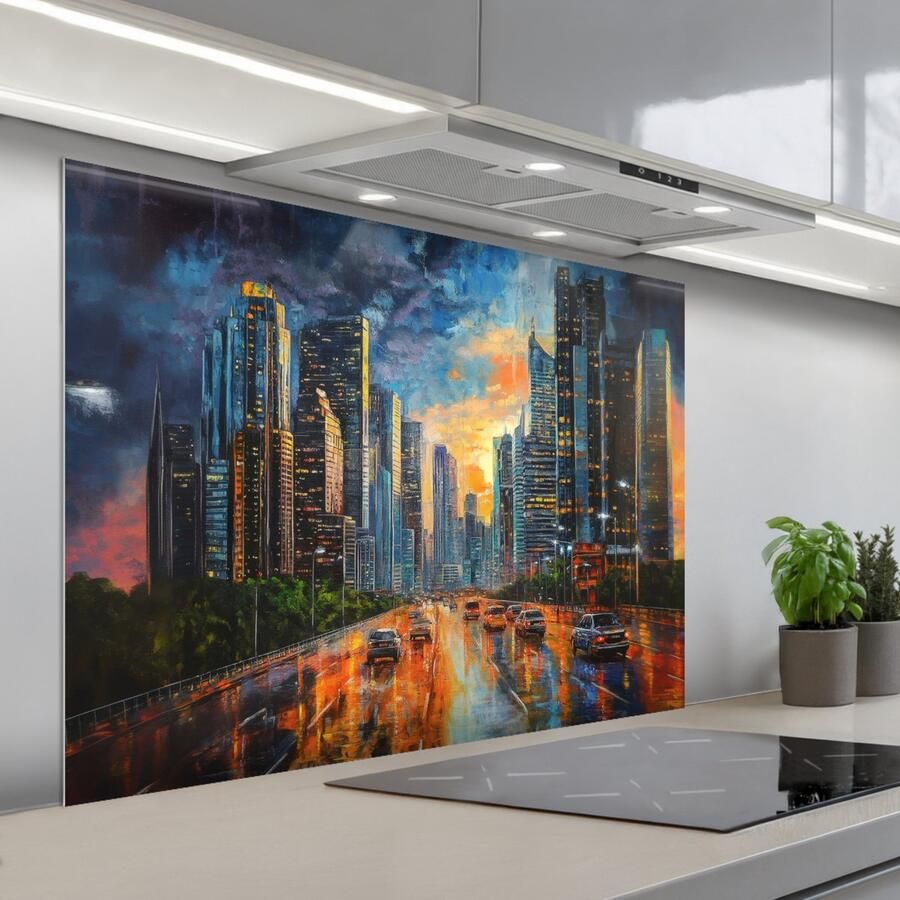 KitchenYeah Spatscherm 100x75 cm Zelfklevende achterwand Auto Skyline Zon Blauw Keuken muurbeschermer Spatwand fornuis
