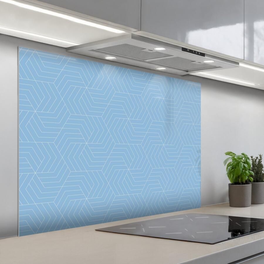 KitchenYeah Spatscherm 100x75 cm Zelfklevende achterwand Blauw Wit Lijnen Patroon Keuken muurbeschermer Spatwand fornuis