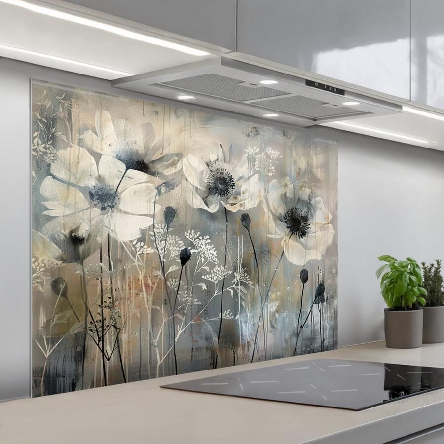 KitchenYeah Spatscherm 100x75 cm Zelfklevende achterwand Bloemen Planten Grijs Abstract Keuken muurbeschermer Spatwand fornuis