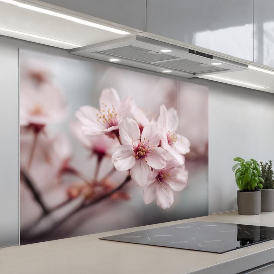 KitchenYeah Spatscherm 100x75 cm Zelfklevende achterwand Bloesems Meeldraden Geel Wazig Keuken muurbeschermer Spatwand fornuis