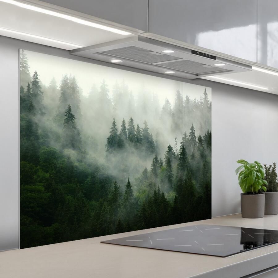 KitchenYeah Spatscherm 100x75 cm Zelfklevende achterwand Bos Mist Bomen Natuur Keuken muurbeschermer Spatwand fornuis