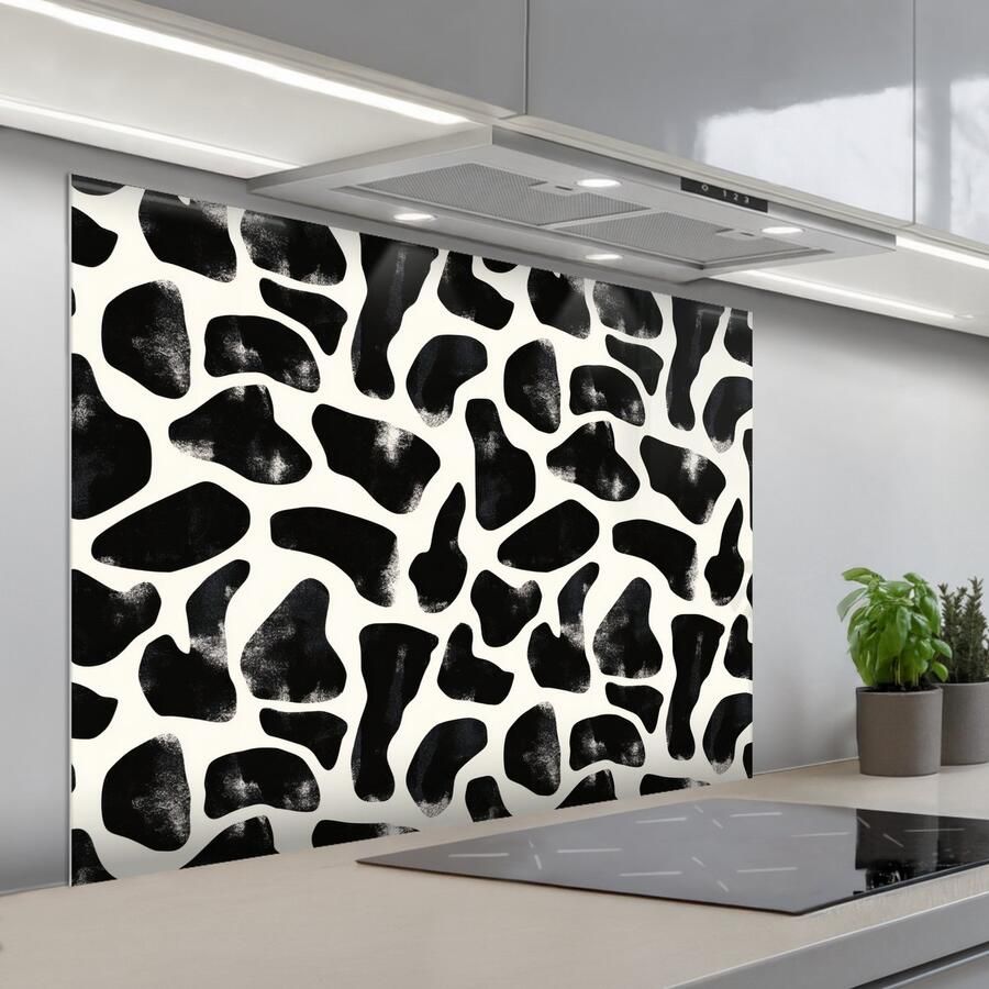 KitchenYeah Spatscherm 100x75 cm Zelfklevende achterwand Dierenpatroon Vlekken Zwart Wit Keuken muurbeschermer Spatwand fornuis