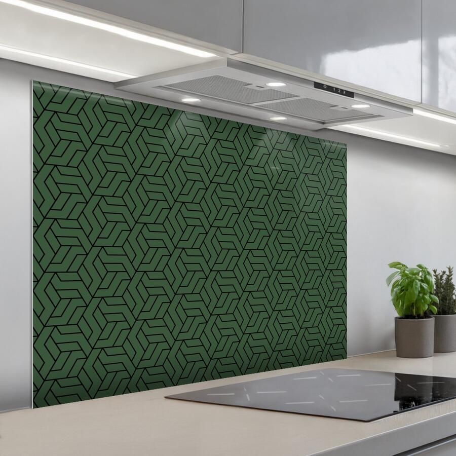 KitchenYeah Spatscherm 100x75 cm Zelfklevende achterwand Donkergroen Patroon Lijnen Zwart Keuken muurbeschermer Spatwand fornuis