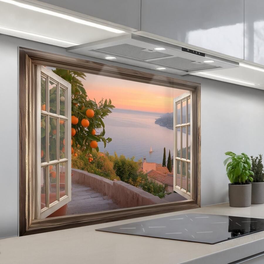 KitchenYeah Spatscherm 100x75 cm Zelfklevende achterwand Doorkijk Uitzicht Meer Landschap Keuken muurbeschermer Spatwand fornuis