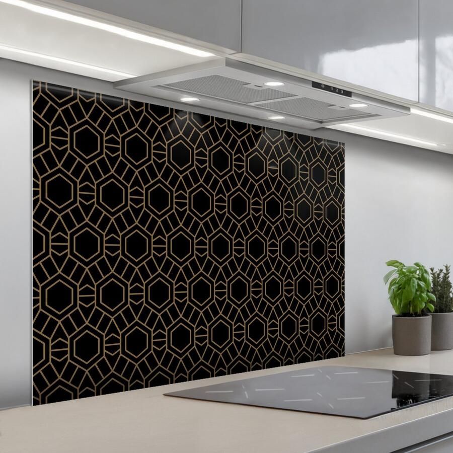 KitchenYeah Spatscherm 100x75 cm Zelfklevende achterwand Goud Zwart Rozetstructuur Keuken muurbeschermer Spatwand fornuis