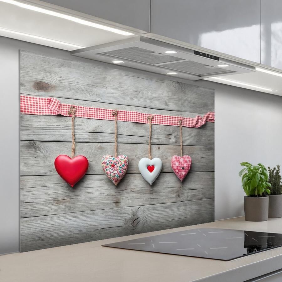 KitchenYeah Spatscherm 100x75 cm Zelfklevende achterwand Hart Rood Roze Hout Liefde Keuken muurbeschermer Spatwand fornuis