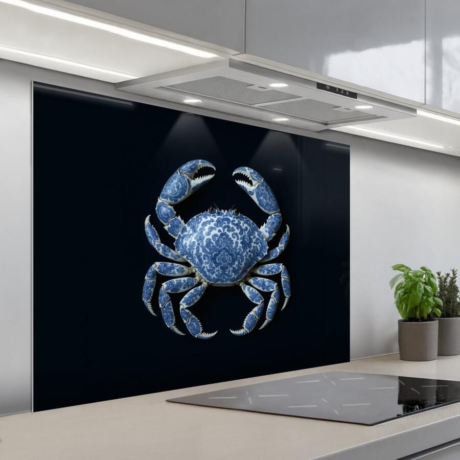 KitchenYeah Spatscherm 100x75 cm Zelfklevende achterwand Krab Delfts blauw Dieren Keuken muurbeschermer Spatwand fornuis