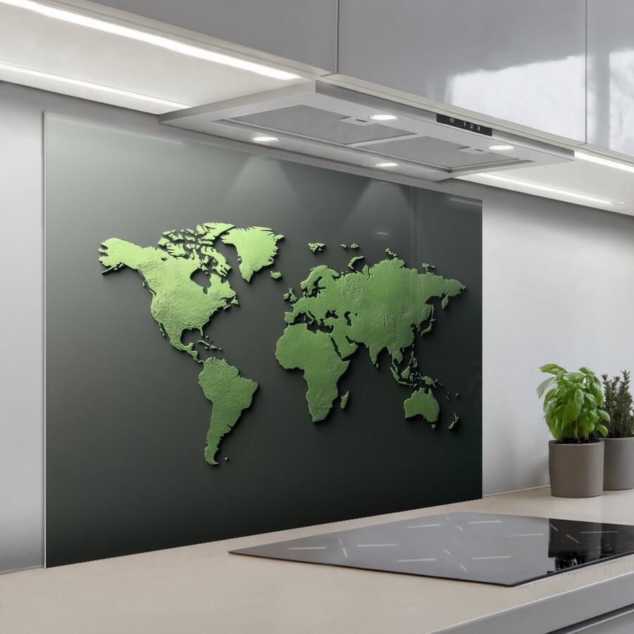 KitchenYeah Spatscherm 100x75 cm Zelfklevende achterwand Leer Groen Wereldkaart Keuken muurbeschermer Spatwand fornuis