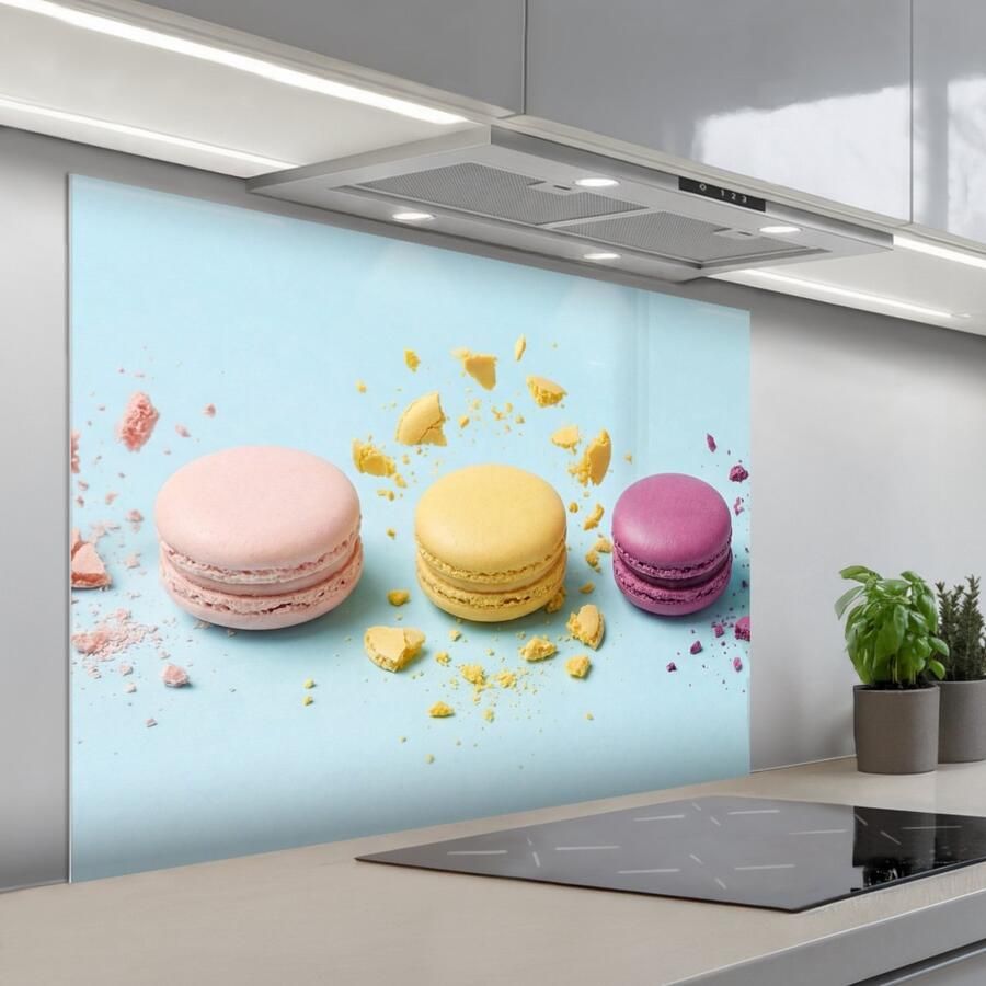 KitchenYeah Spatscherm 100x75 cm Zelfklevende achterwand Macarons Kleurrijk Pastel Keuken muurbeschermer Spatwand fornuis