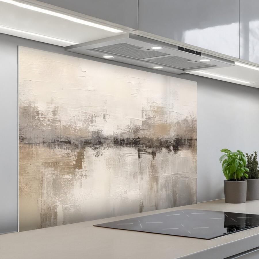 KitchenYeah Spatscherm 100x75 cm Zelfklevende achterwand Moderne kunst Abstract Beige Keuken muurbeschermer Spatwand fornuis