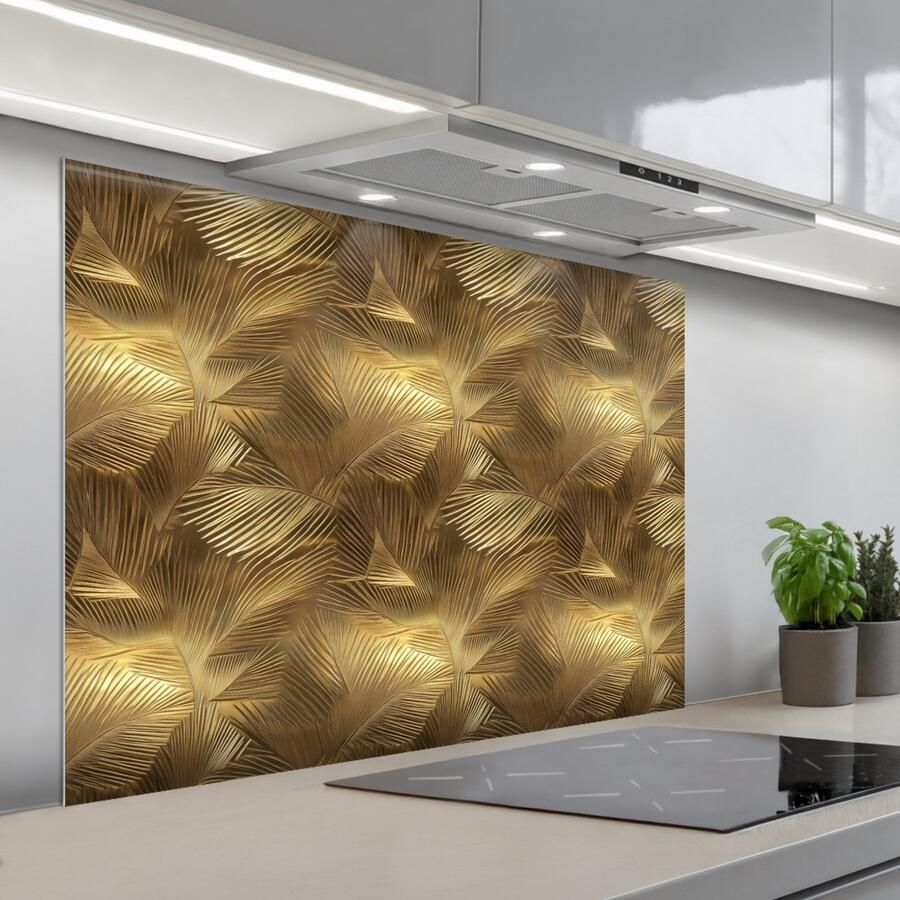 KitchenYeah Spatscherm 100x75 cm Zelfklevende achterwand Palm Waaier Goud Keuken muurbeschermer Spatwand fornuis