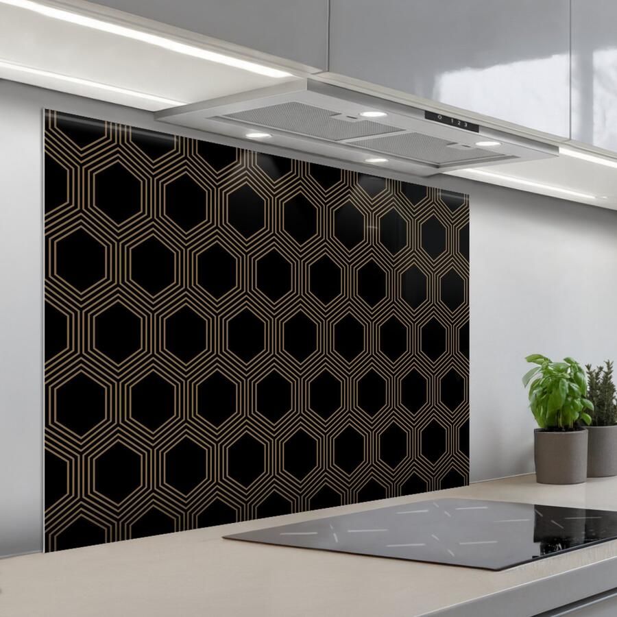 KitchenYeah Spatscherm 100x75 cm Zelfklevende achterwand Parallel Goud Zwart Bijenraatmotief Keuken muurbeschermer Spatwand fornuis