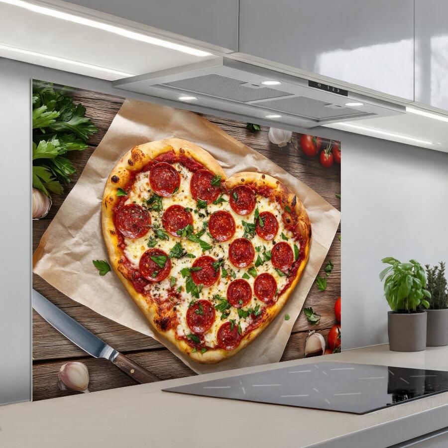 KitchenYeah Spatscherm 100x75 cm Zelfklevende achterwand Pizza Hart Pepperoni Tomaat Keuken muurbeschermer Spatwand fornuis