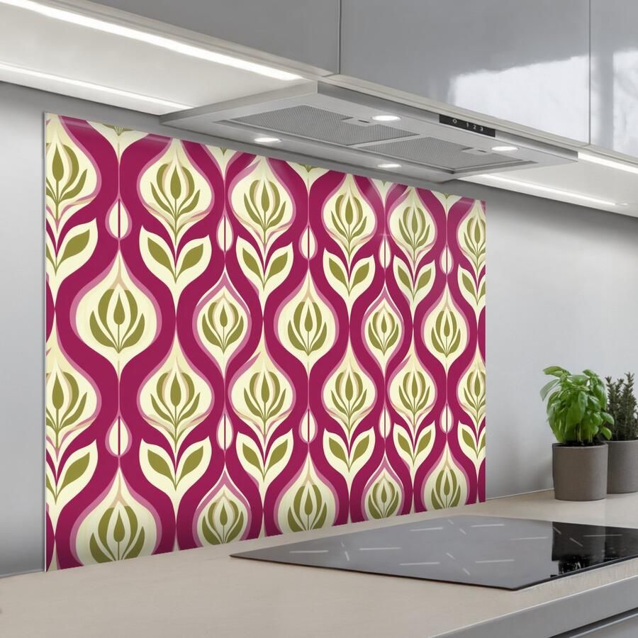 KitchenYeah Spatscherm 100x75 cm Zelfklevende achterwand Retro Floraal Paars Keuken muurbeschermer Spatwand fornuis