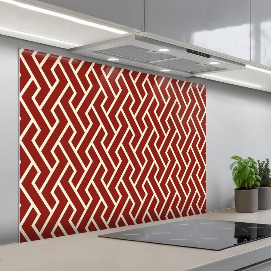 KitchenYeah Spatscherm 100x75 cm Zelfklevende achterwand Rood Beige Patroon Lijnen Keuken muurbeschermer Spatwand fornuis