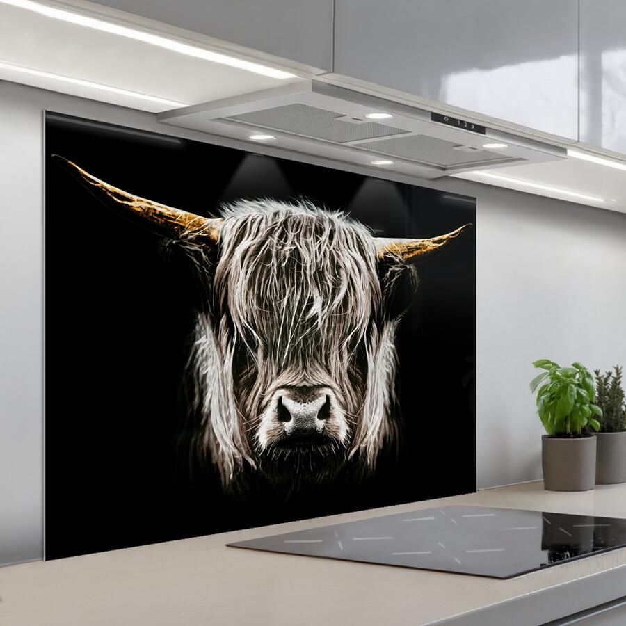 KitchenYeah Spatscherm 100x75 cm Zelfklevende achterwand Schotse hooglander Goud Hoorns Zwart wit Koe Dieren Keuken muurbeschermer Spatwand fornuis