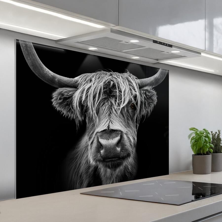 KitchenYeah Spatscherm 100x75 cm Zelfklevende achterwand Schotse Hooglander Horens Zwart Wit Koe Wild Dieren Keuken muurbeschermer Spatwand fornuis