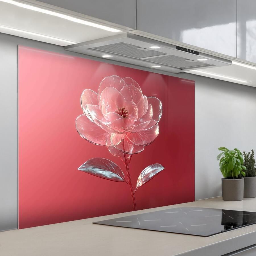 KitchenYeah Spatscherm 100x75 cm Zelfklevende achterwand Sierlijk Bloem Roze Glazen Keuken muurbeschermer Spatwand fornuis