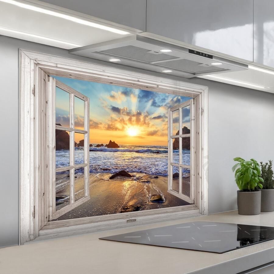 KitchenYeah Spatscherm 100x75 cm Zelfklevende achterwand Strand Doorkijk Zonsondergang Landschap Zee Natuur Keuken muurbeschermer Spatwand fornuis