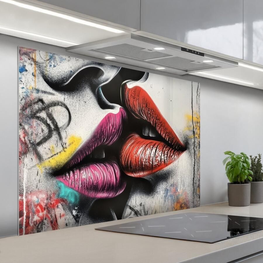 KitchenYeah Spatscherm 100x75 cm Zelfklevende achterwand Street art Lippen Kus Graffiti Keuken muurbeschermer Spatwand fornuis