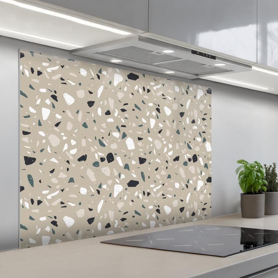 KitchenYeah Spatscherm 100x75 cm Zelfklevende achterwand Terrazzo Patroon Groen Keuken muurbeschermer Spatwand fornuis