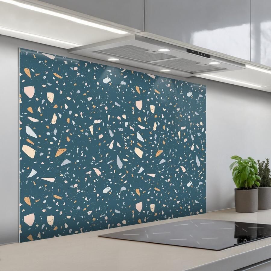 KitchenYeah Spatscherm 100x75 cm Zelfklevende achterwand Terrazzo Patroon Kleurrijk Diep blauw Keuken muurbeschermer Spatwand fornuis