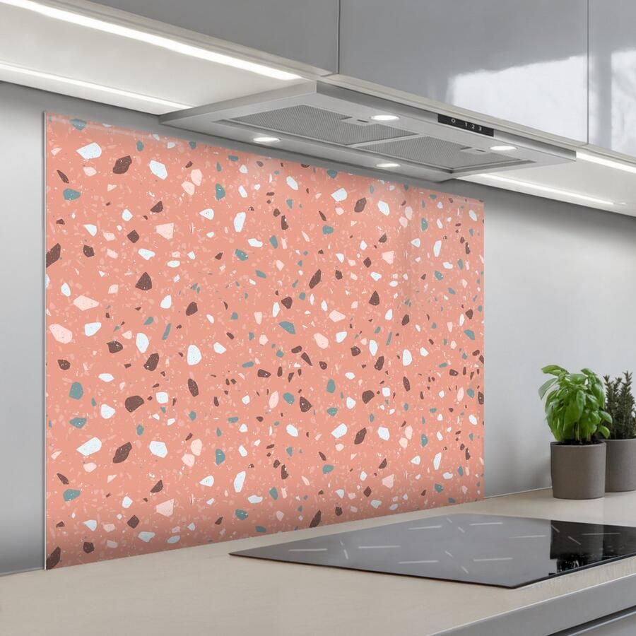 KitchenYeah Spatscherm 100x75 cm Zelfklevende achterwand Terrazzo Patroon Kleurrijk Roze Blauw Keuken muurbeschermer Spatwand fornuis