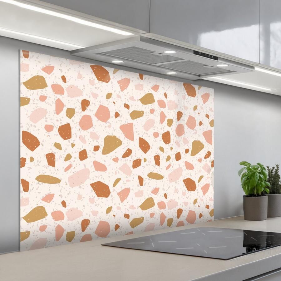 KitchenYeah Spatscherm 100x75 cm Zelfklevende achterwand Terrazzo Patroon Kleurrijk Zalm Keuken muurbeschermer Spatwand fornuis