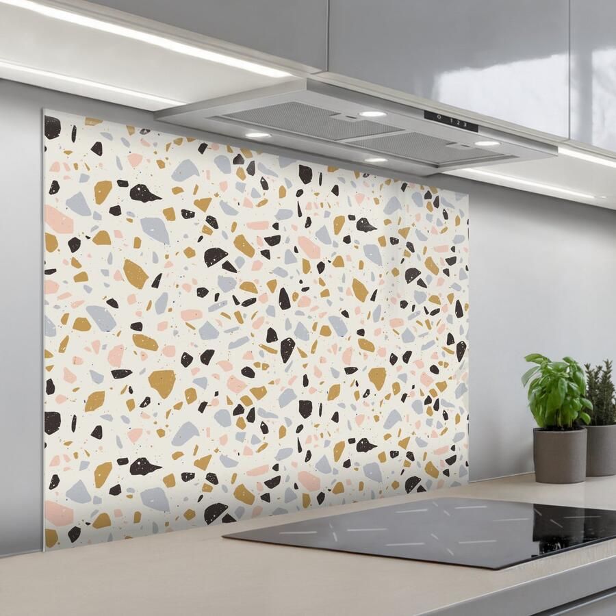 KitchenYeah Spatscherm 100x75 cm Zelfklevende achterwand Terrazzo Patroon Neutraal Zacht Multi Keuken muurbeschermer Spatwand fornuis