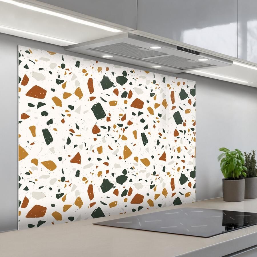 KitchenYeah Spatscherm 100x75 cm Zelfklevende achterwand Terrazzo Patroon Wit Terra Keuken muurbeschermer Spatwand fornuis